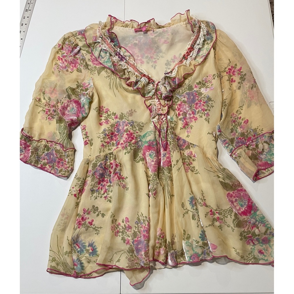 Mary Mona Yellow Floral Silk Burnout Velvet Ruffle Lace Peplum Blouse 42